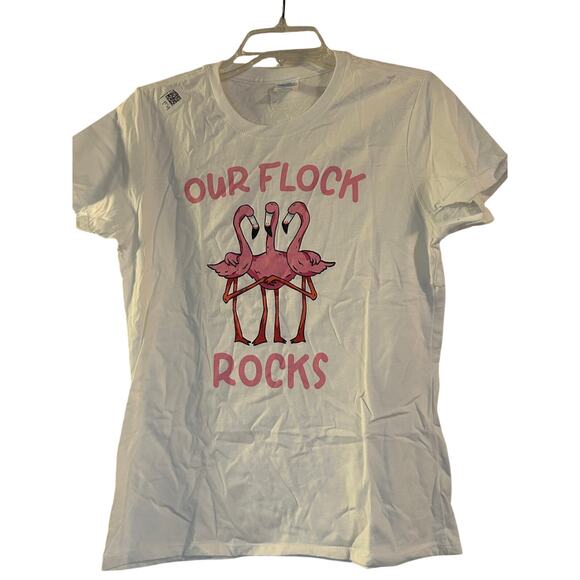 NWOT Port and Company Women's White Short Sleeve T Shirt 'Our Flock Rocks' Sz M - Picture 1 of 4